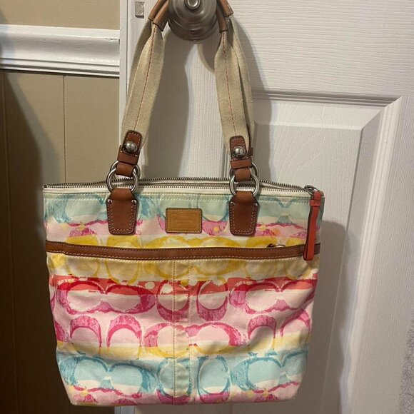 Y2K Coach Rainbow Legacy Tote Bag |  Canvas & Leather - Picture 1 of 6